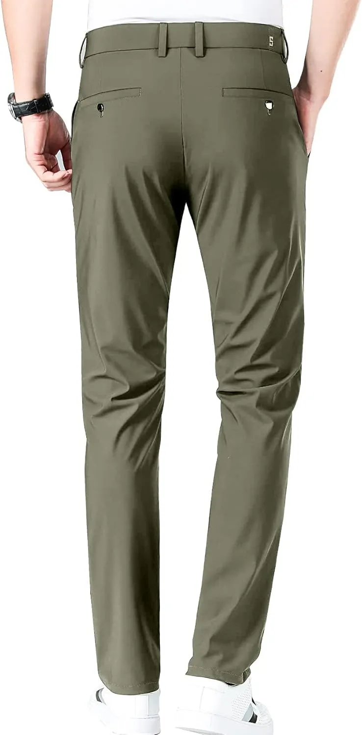 LUSHENUNI Men's Golf Pants Slim High Stretch, Ice Silk Dress Pants with Expandable-Waist Pants