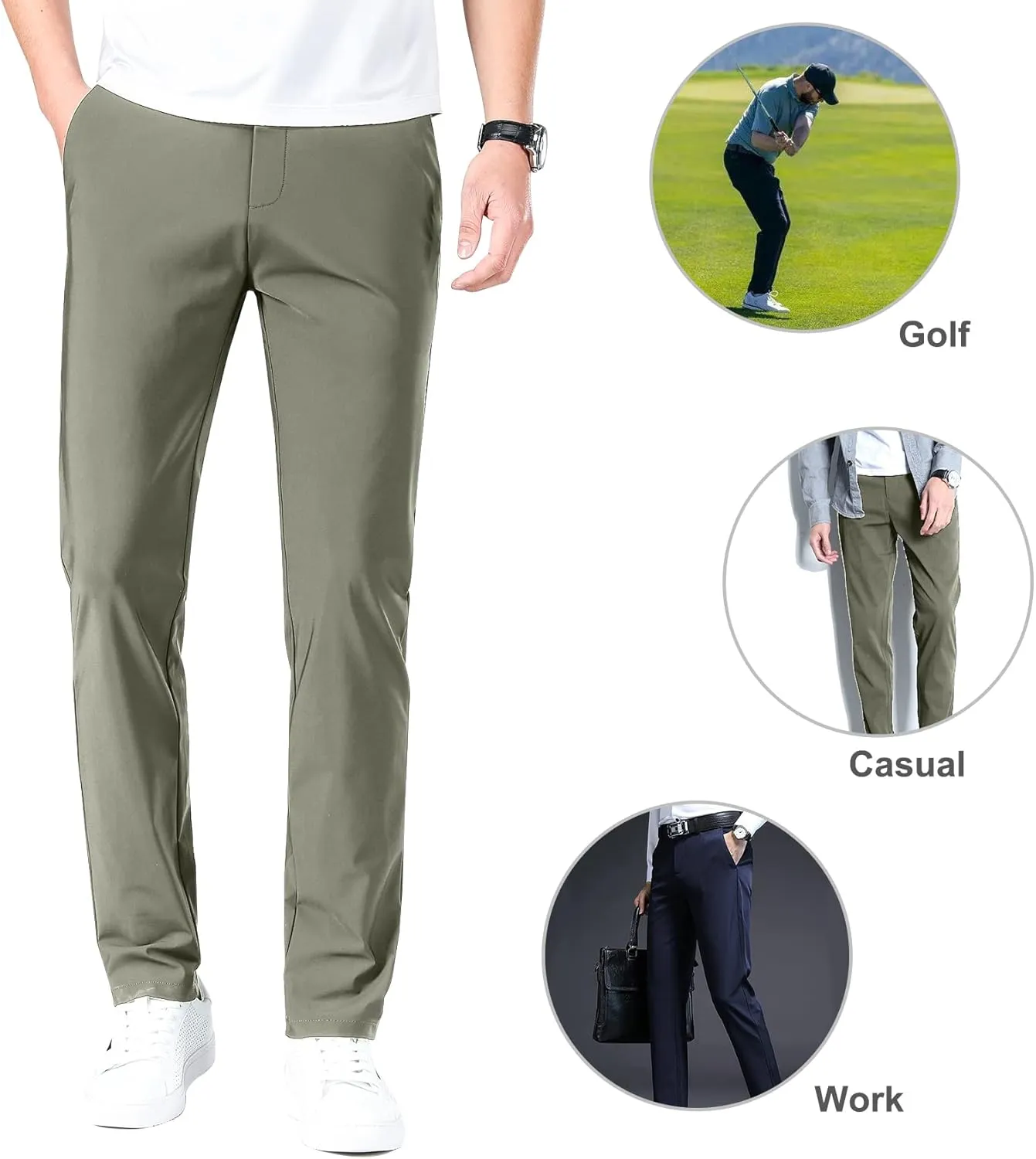 LUSHENUNI Men's Golf Pants Slim High Stretch, Ice Silk Dress Pants with Expandable-Waist Pants