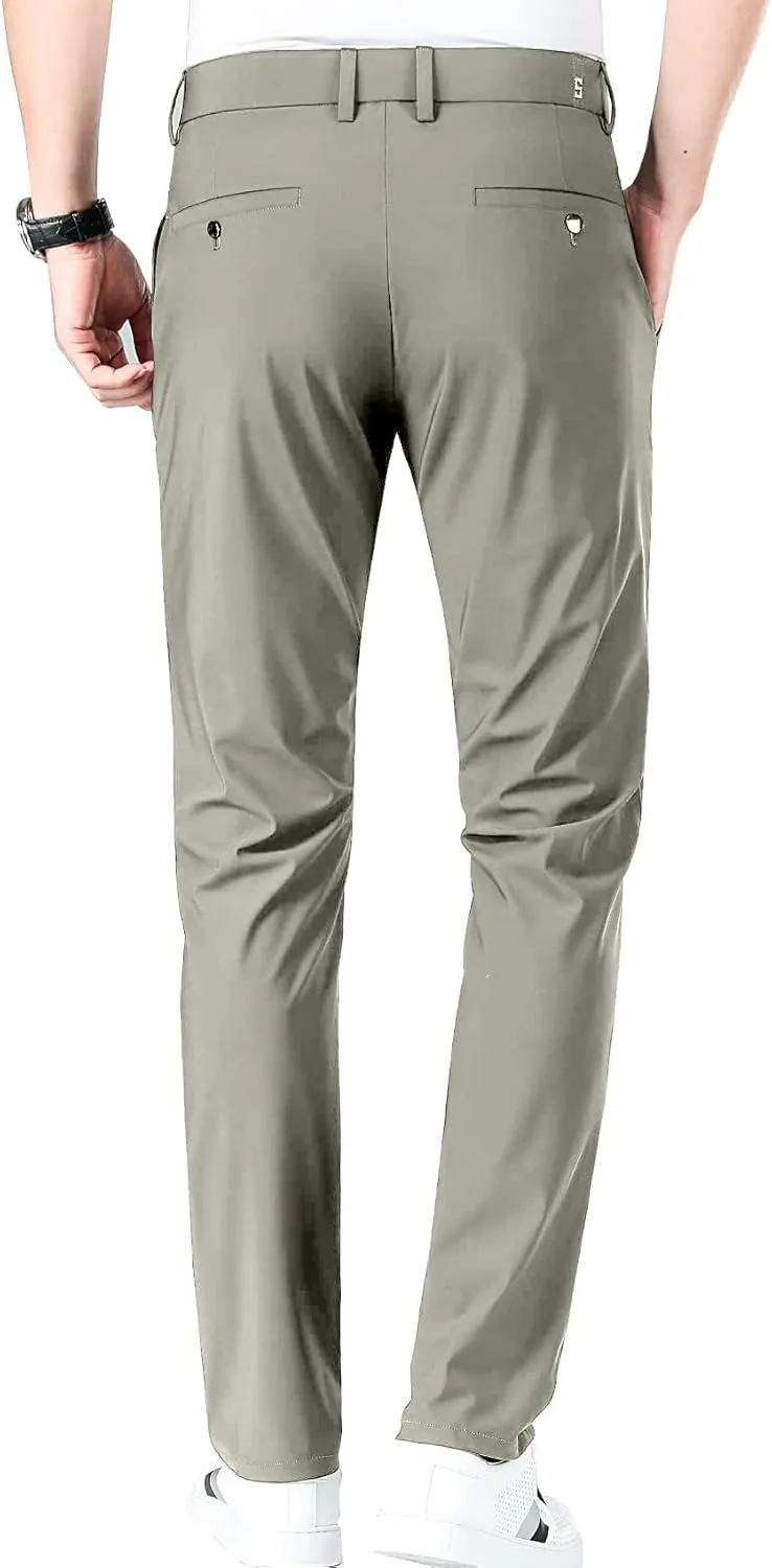 LUSHENUNI Men's Golf Pants Slim High Stretch, Ice Silk Dress Pants with Expandable-Waist Pants