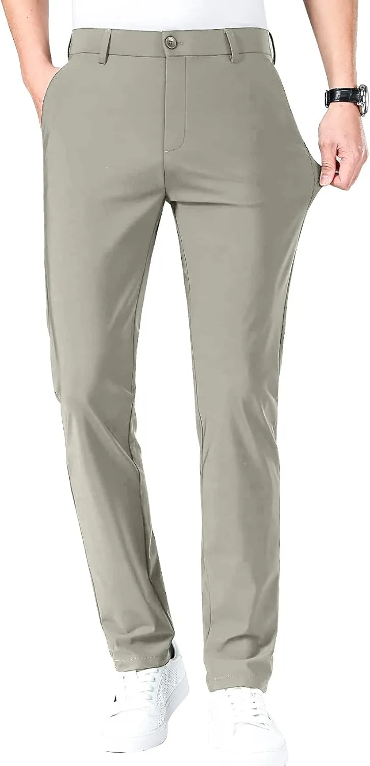 LUSHENUNI Men's Golf Pants Slim High Stretch, Ice Silk Dress Pants with Expandable-Waist Pants