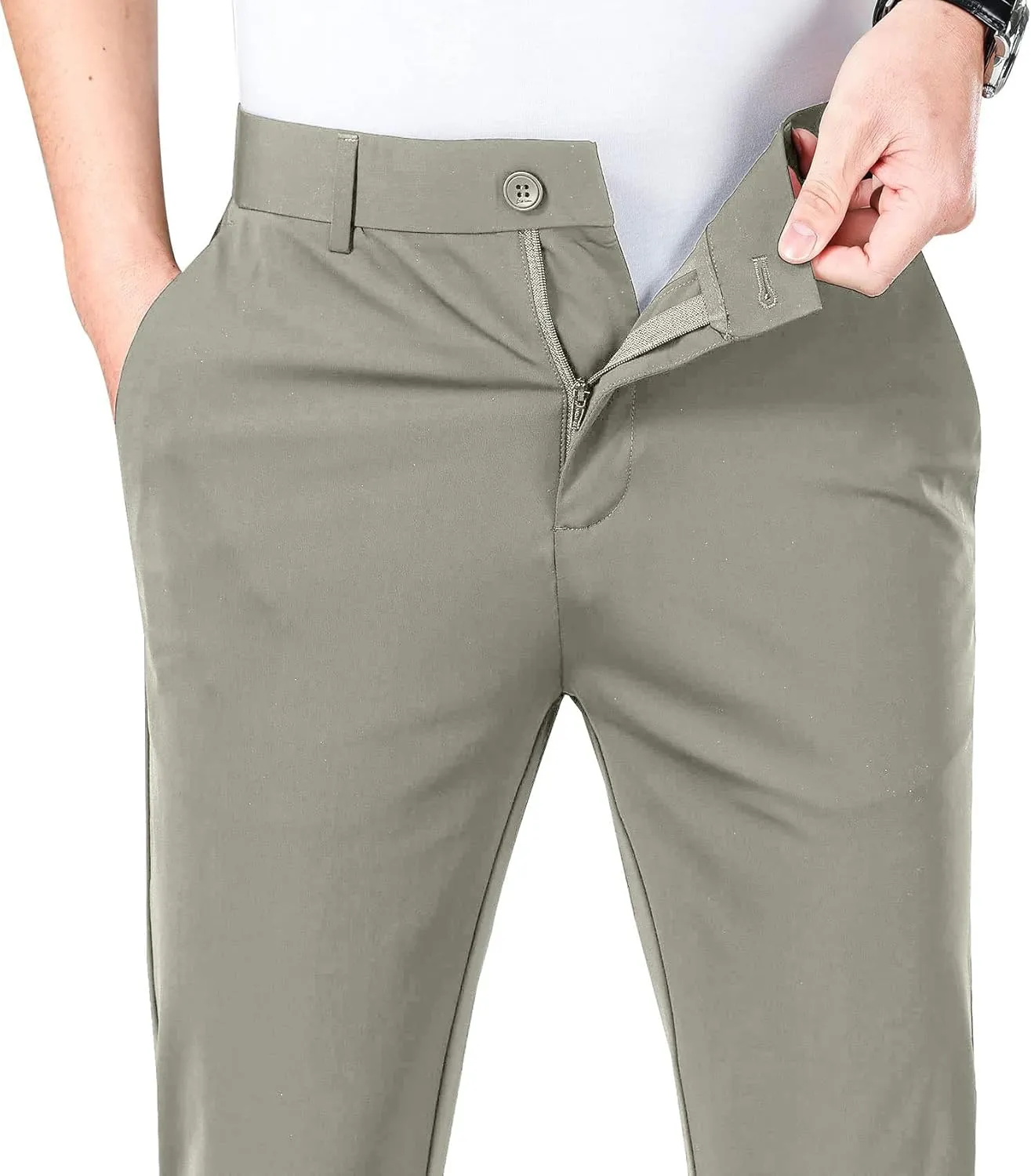 LUSHENUNI Men's Golf Pants Slim High Stretch, Ice Silk Dress Pants with Expandable-Waist Pants