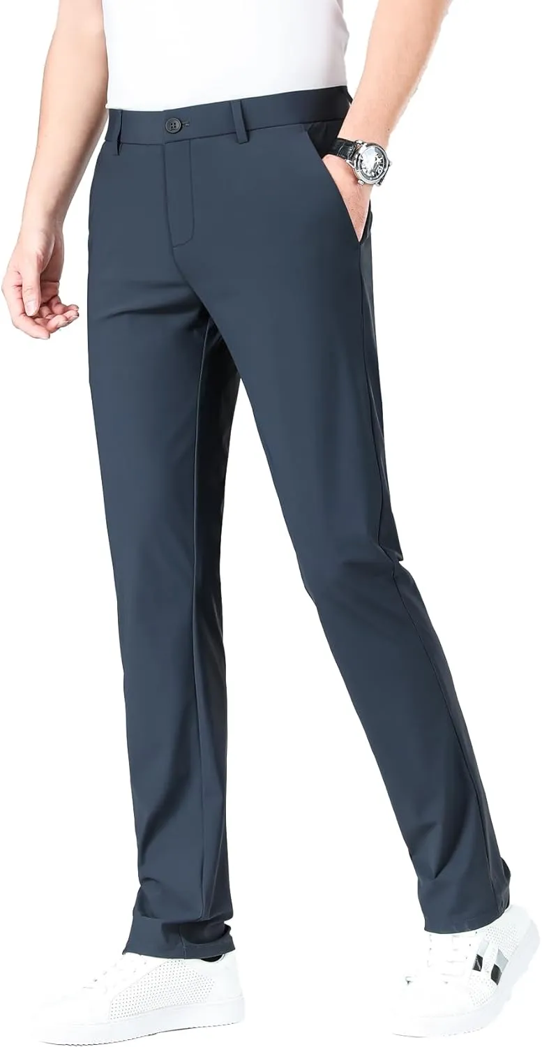 LUSHENUNI Men's Golf Pants Slim High Stretch, Ice Silk Dress Pants with Expandable-Waist Pants