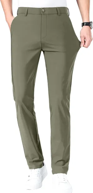 LUSHENUNI Men's Golf Pants Slim High Stretch, Ice Silk Dress Pants with Expandable-Waist Pants