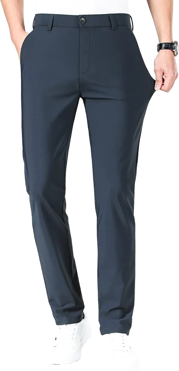 LUSHENUNI Men's Golf Pants Slim High Stretch, Ice Silk Dress Pants with Expandable-Waist Pants