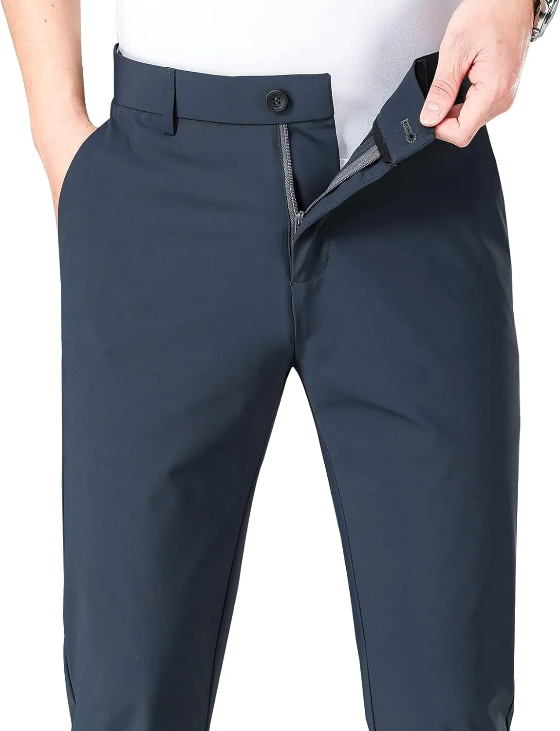LUSHENUNI Men's Golf Pants Slim High Stretch, Ice Silk Dress Pants with Expandable-Waist Pants