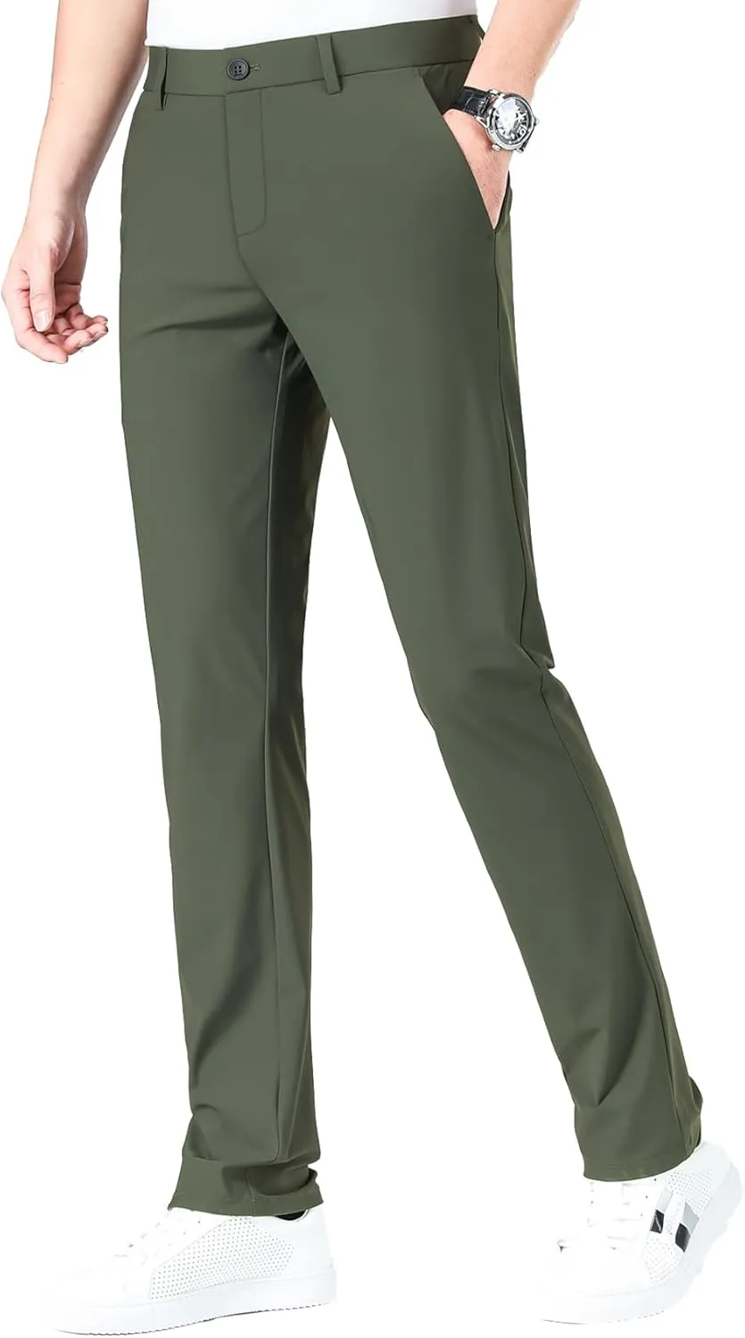 LUSHENUNI Men's Golf Pants Slim High Stretch, Ice Silk Dress Pants with Expandable-Waist Pants