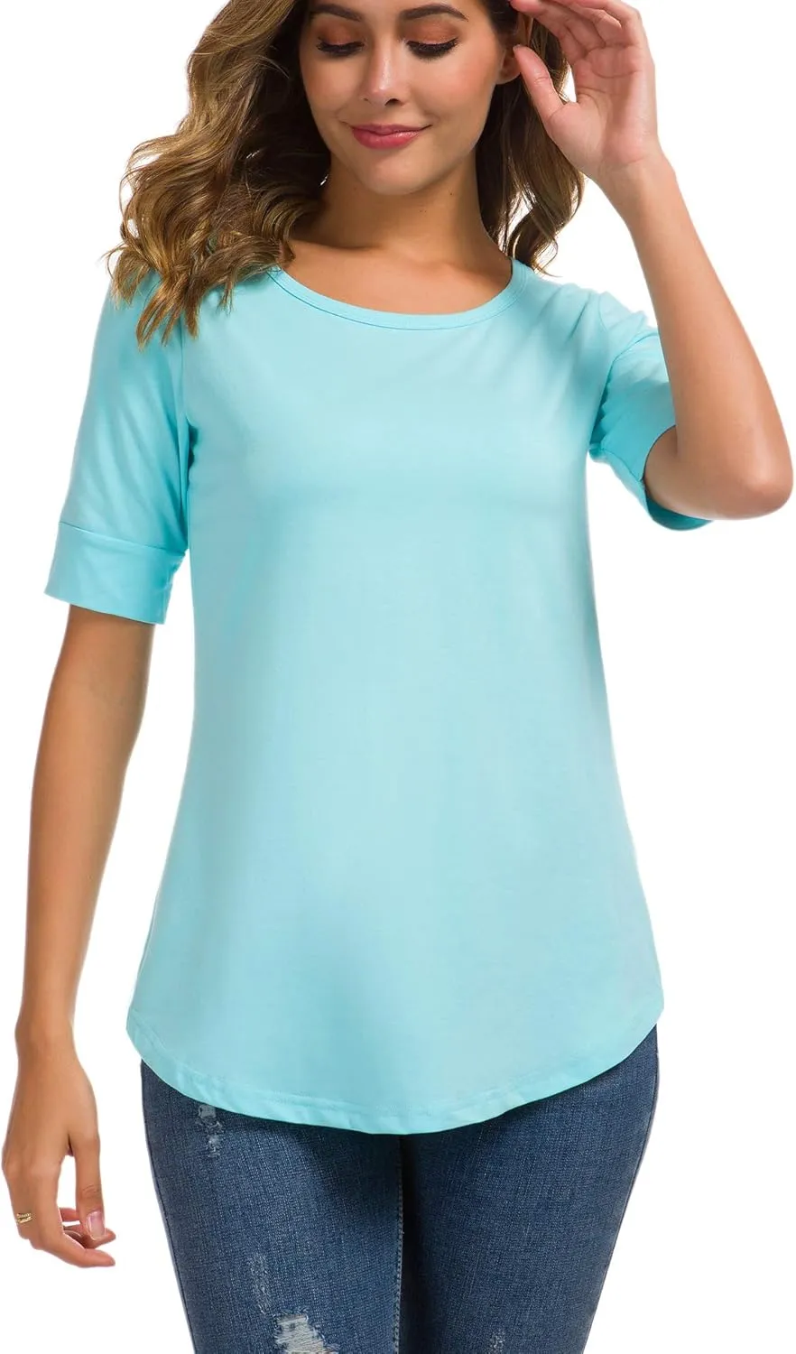 LUSMAY Womens Cotton Tops Summer Casual Fitted T Shirt Half Sleeve Tunic Comfy Tee