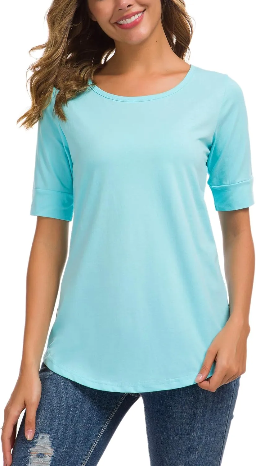 LUSMAY Womens Cotton Tops Summer Casual Fitted T Shirt Half Sleeve Tunic Comfy Tee