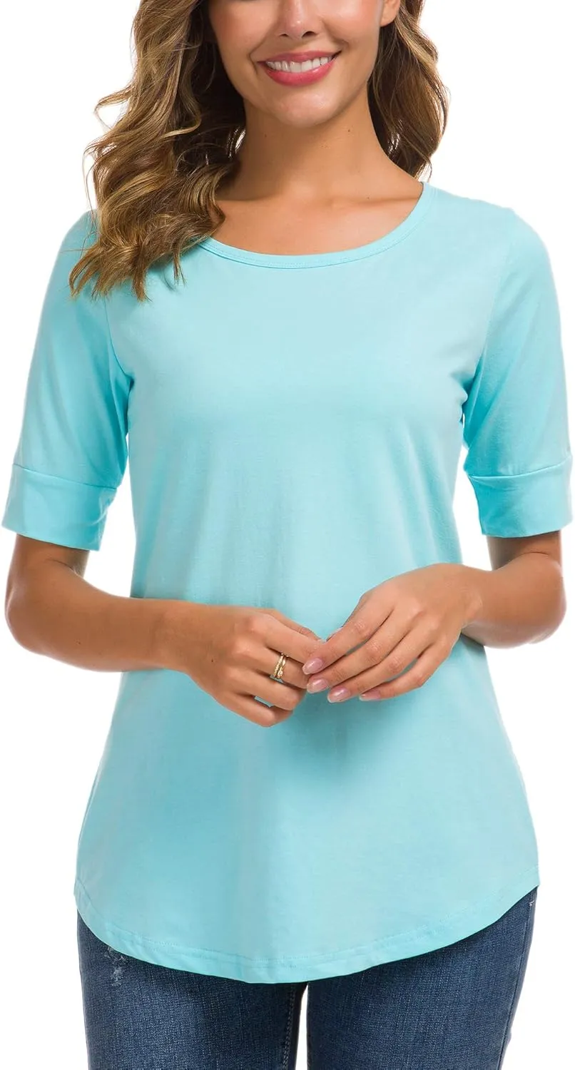 LUSMAY Womens Cotton Tops Summer Casual Fitted T Shirt Half Sleeve Tunic Comfy Tee
