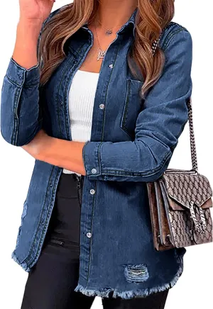 luvamia Womens Denim Jacket Distressed Button Down Jean Shirt For Women Ripped Shacket Coat
