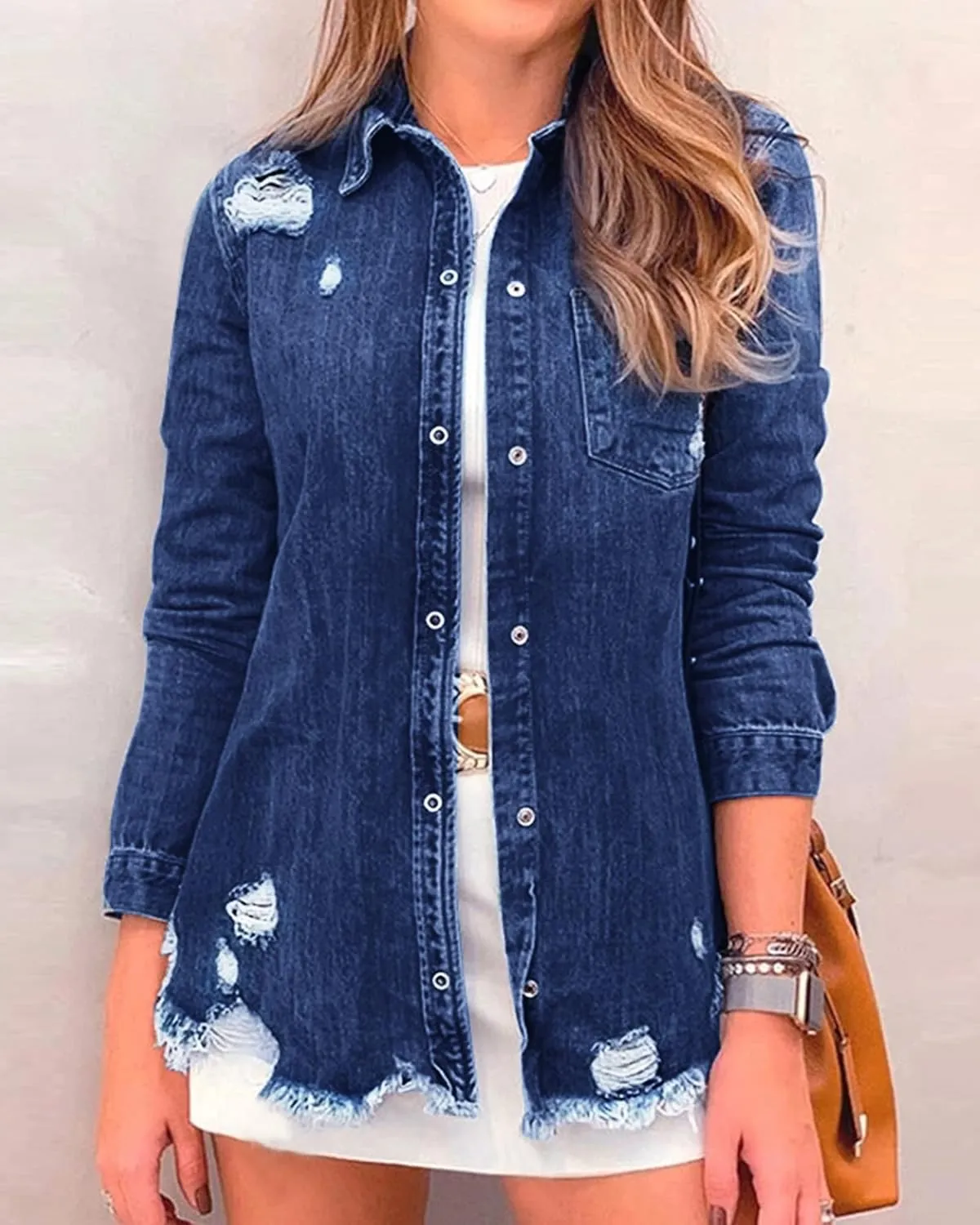 luvamia Womens Denim Jacket Distressed Button Down Jean Shirt For Women Ripped Shacket Coat
