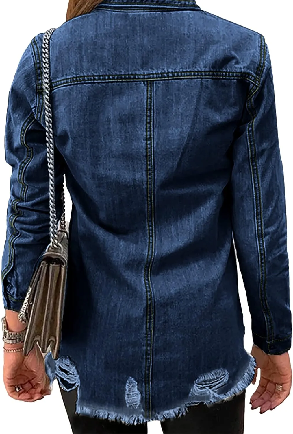 luvamia Womens Denim Jacket Distressed Button Down Jean Shirt For Women Ripped Shacket Coat