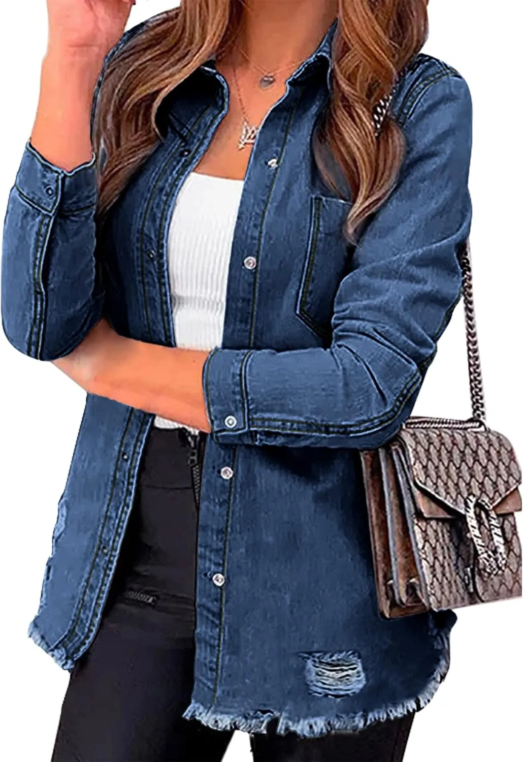 luvamia Womens Denim Jacket Distressed Button Down Jean Shirt For Women Ripped Shacket Coat