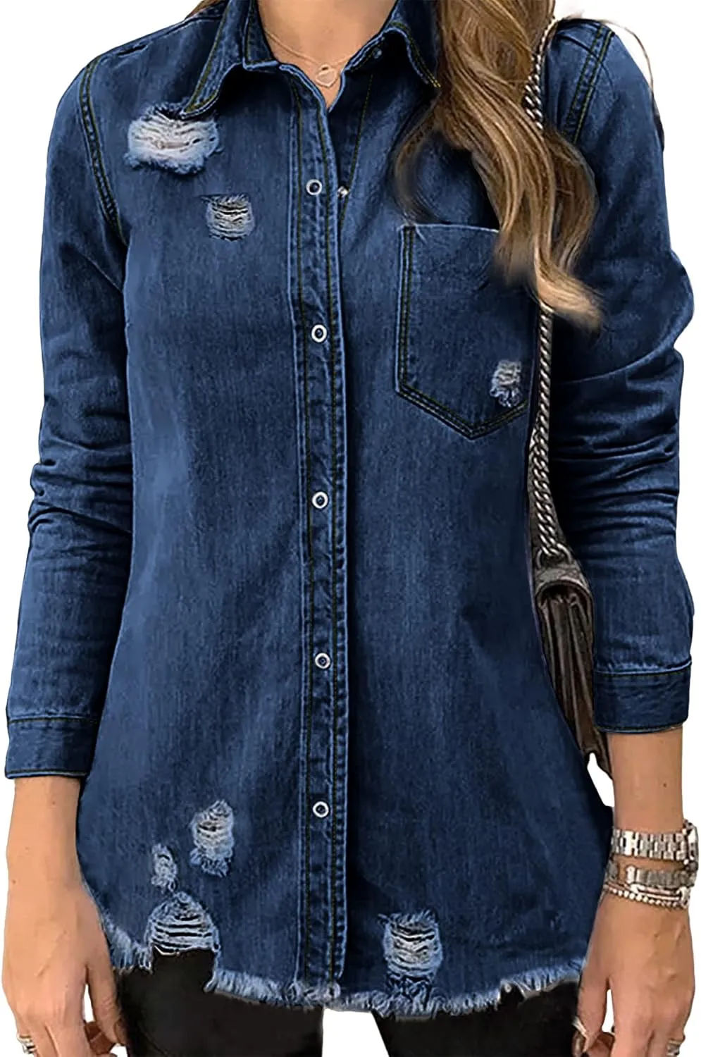 luvamia Womens Denim Jacket Distressed Button Down Jean Shirt For Women Ripped Shacket Coat