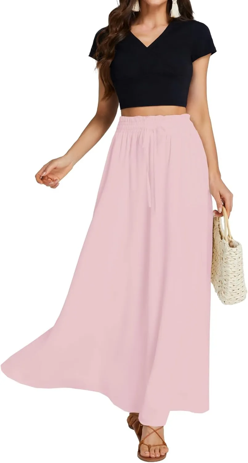 LYANER Women's Shirred Smocked Frill Drawstring Pleated High Waist Solid Maxi Skirt