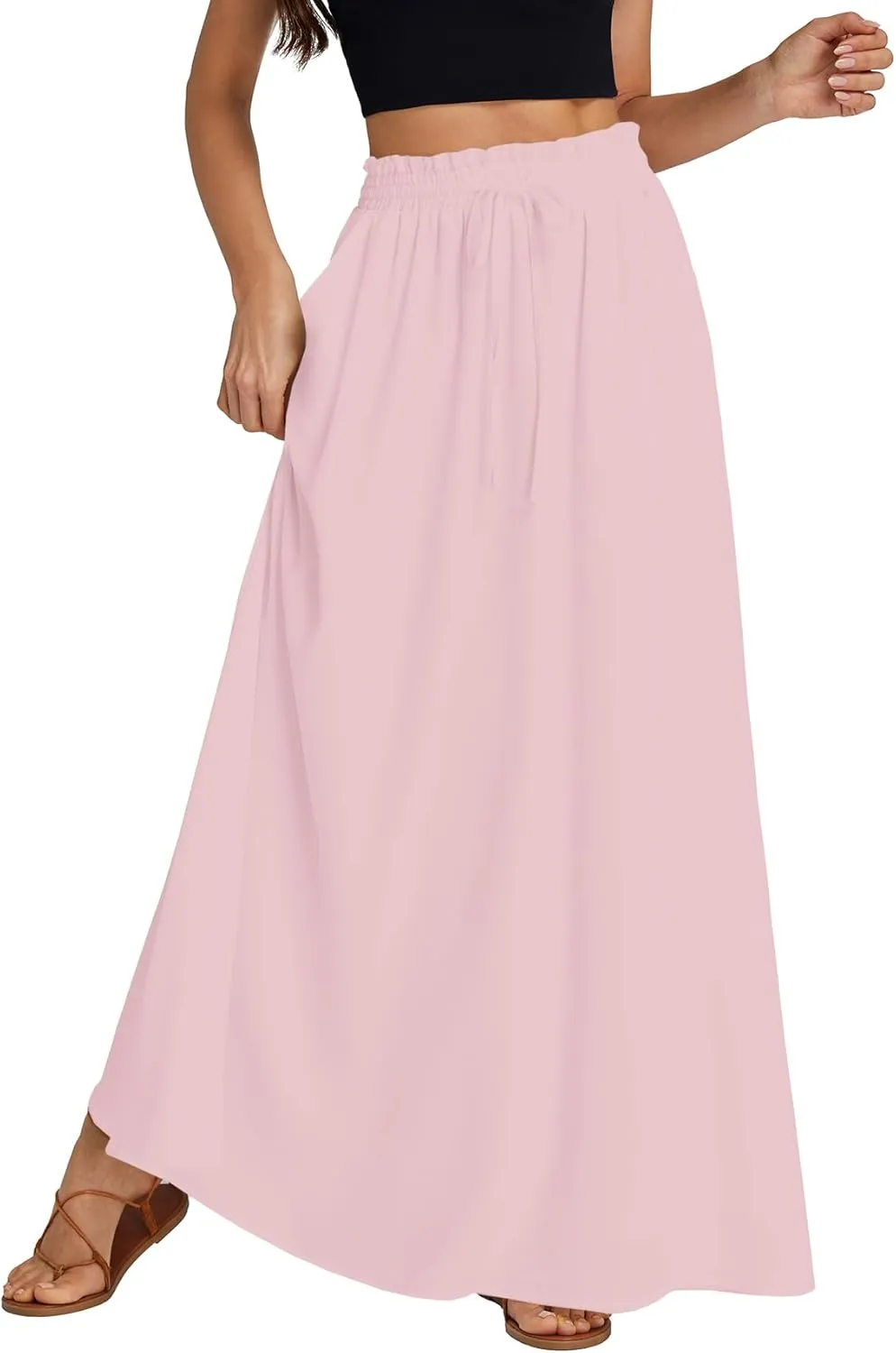 LYANER Women's Shirred Smocked Frill Drawstring Pleated High Waist Solid Maxi Skirt