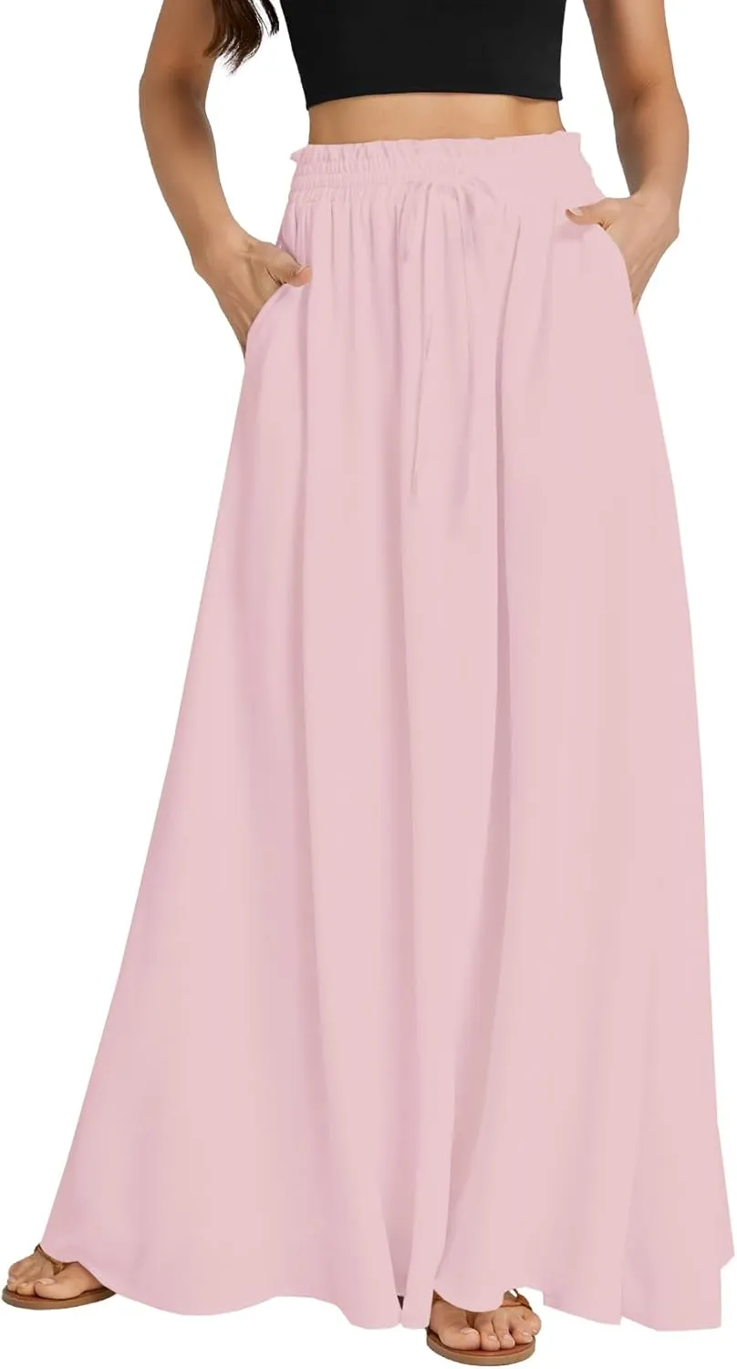 LYANER Women's Shirred Smocked Frill Drawstring Pleated High Waist Solid Maxi Skirt