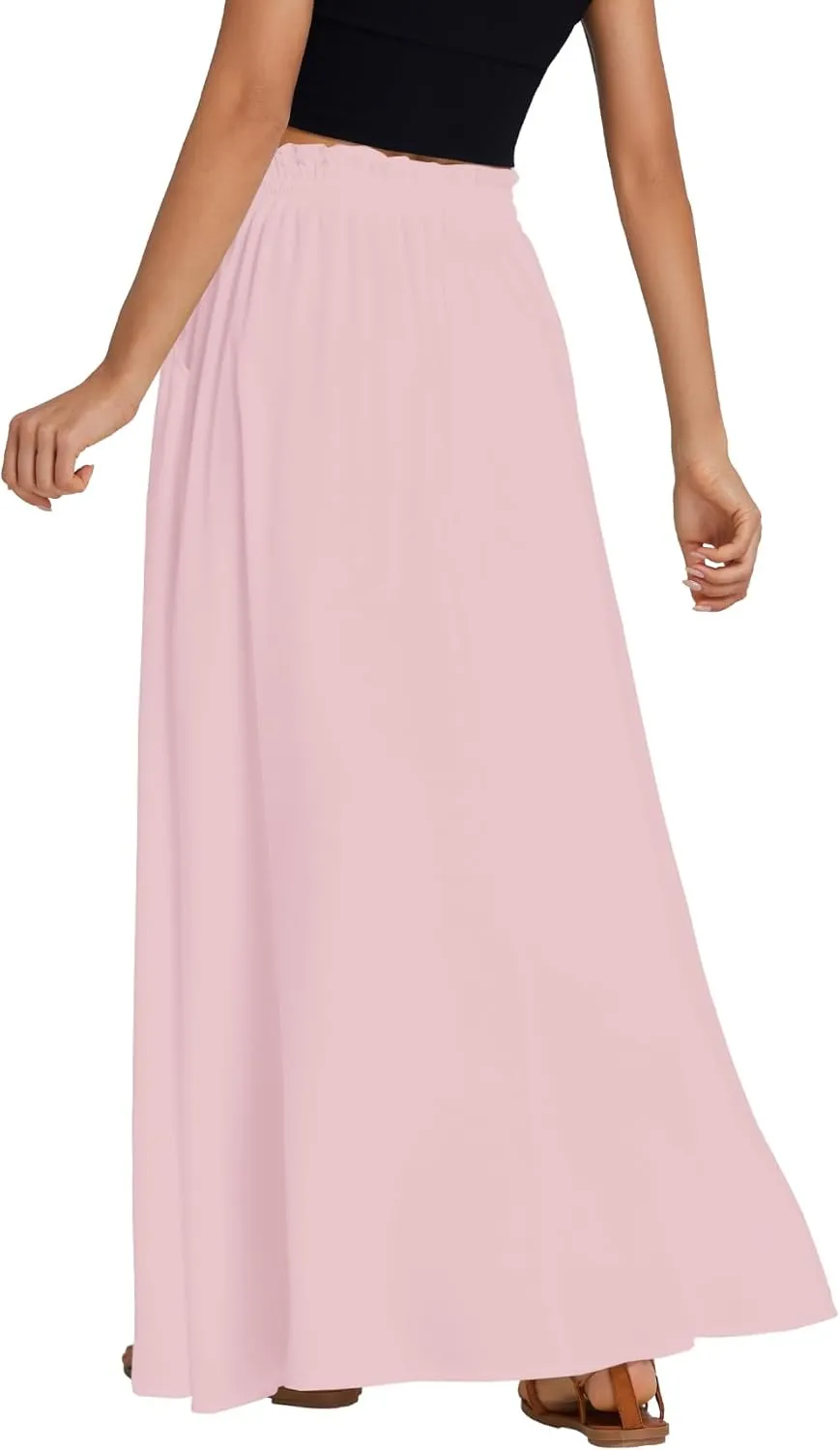 LYANER Women's Shirred Smocked Frill Drawstring Pleated High Waist Solid Maxi Skirt