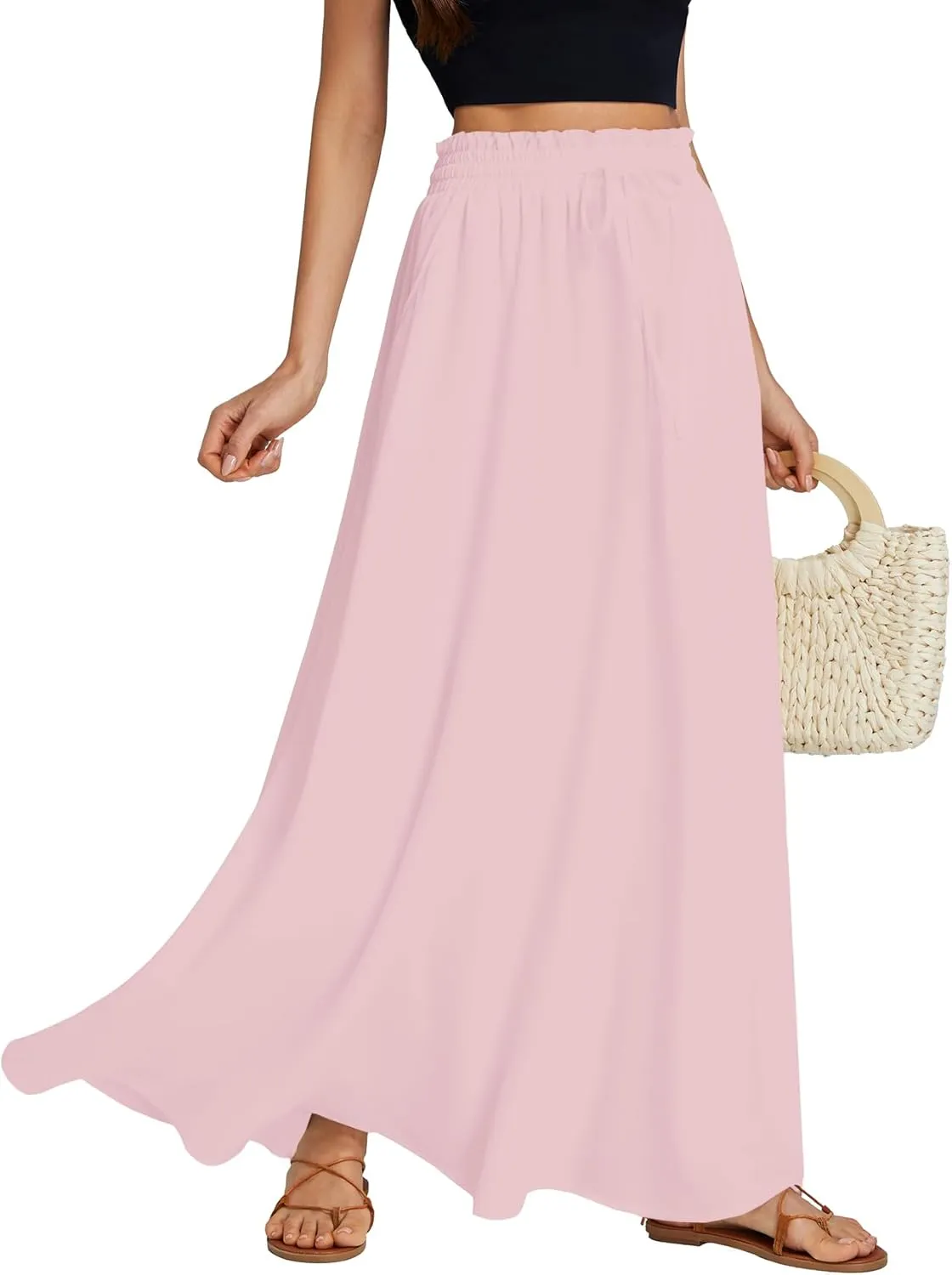 LYANER Women's Shirred Smocked Frill Drawstring Pleated High Waist Solid Maxi Skirt
