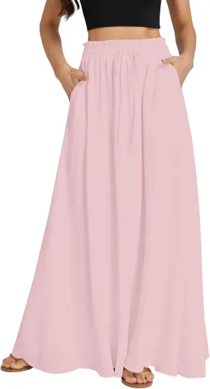 LYANER Women's Shirred Smocked Frill Drawstring Pleated High Waist Solid Maxi Skirt