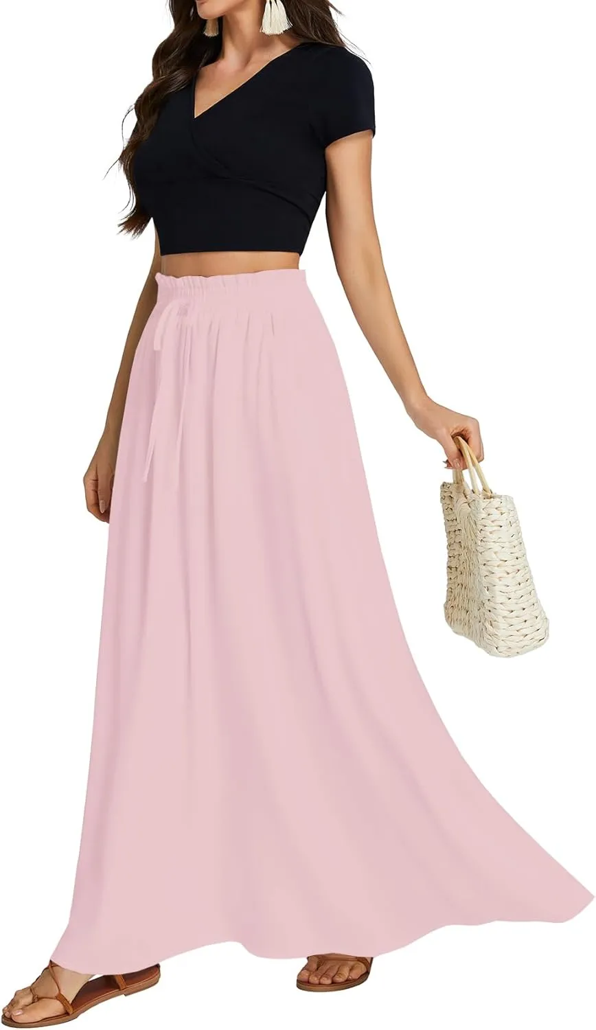 LYANER Women's Shirred Smocked Frill Drawstring Pleated High Waist Solid Maxi Skirt