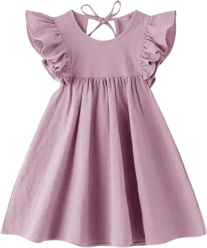 lymanchi Toddler Girl Ruffled Sleeve Dress Cotton Linen Halter Sleeveless Kid Casual Summer Sundress