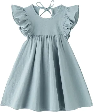 lymanchi Toddler Girl Ruffled Sleeve Dress Cotton Linen Halter Sleeveless Kid Casual Summer Sundress