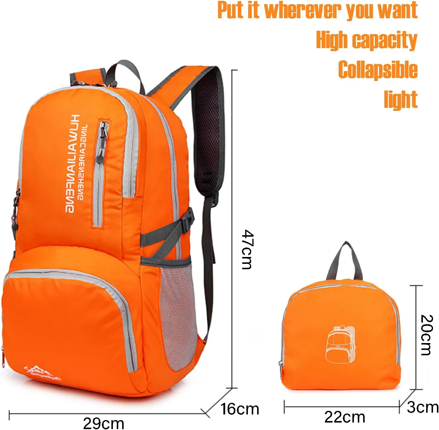 Lywencom Hiking Backpack,30l sporty lightweight folding waterproof ultralight backpack for outdoor camping picnic hiking running bag with waterproof rain (Orange)