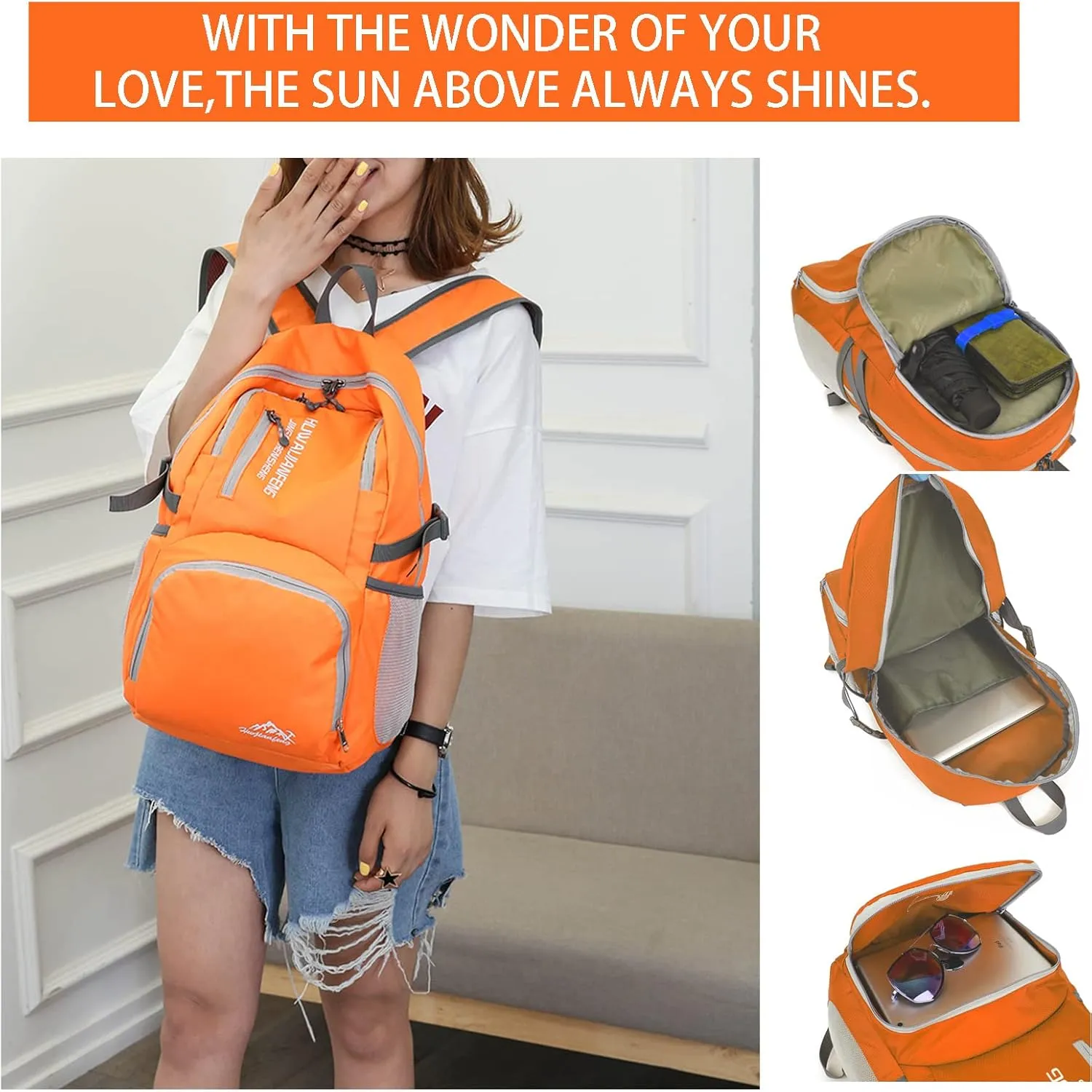 Lywencom Hiking Backpack,30l sporty lightweight folding waterproof ultralight backpack for outdoor camping picnic hiking running bag with waterproof rain (Orange)