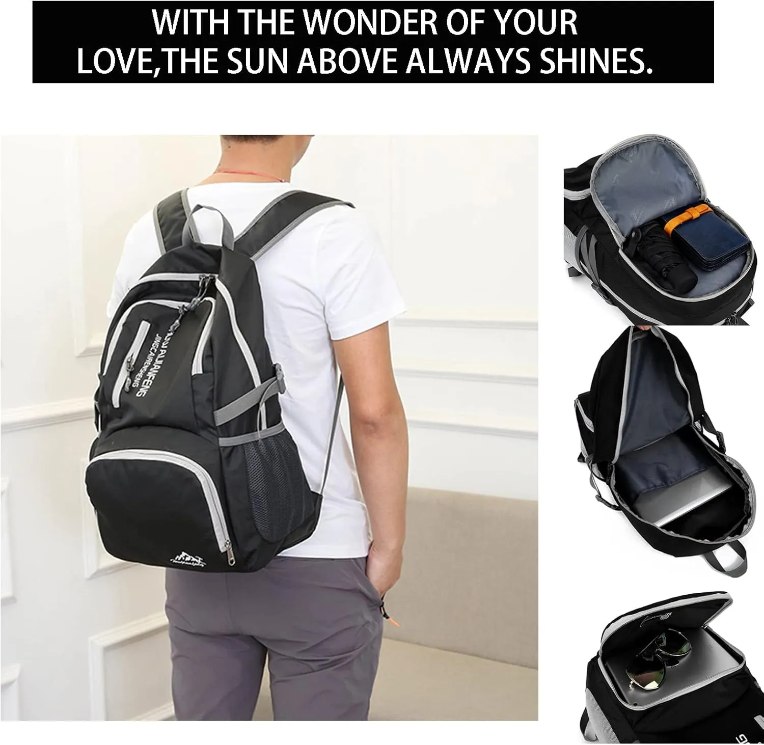 Lywencom Hiking knapsack,30l sporty lightweight folding waterproof ultralight knapsack for outdoor camping picnic hiking with waterproof rain (black)