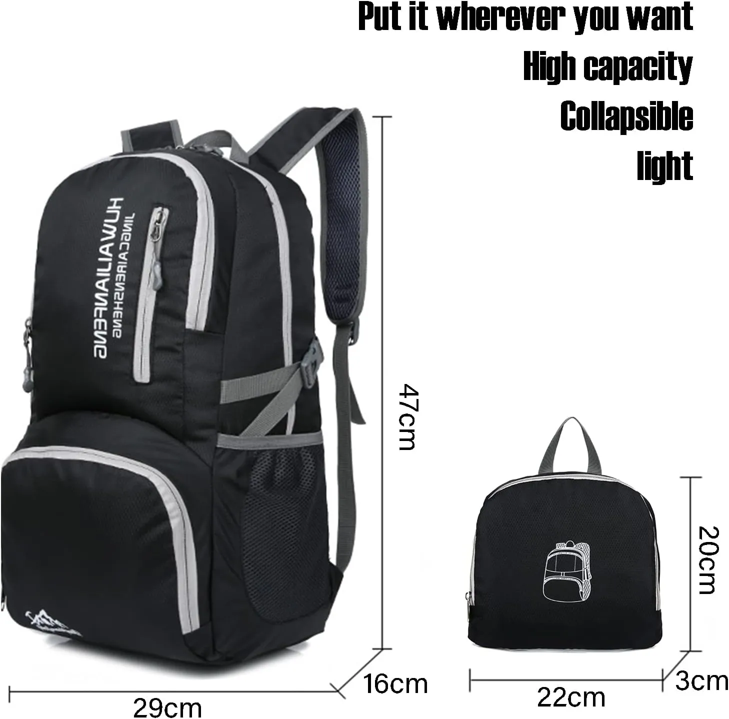 Lywencom Hiking knapsack,30l sporty lightweight folding waterproof ultralight knapsack for outdoor camping picnic hiking with waterproof rain (black)