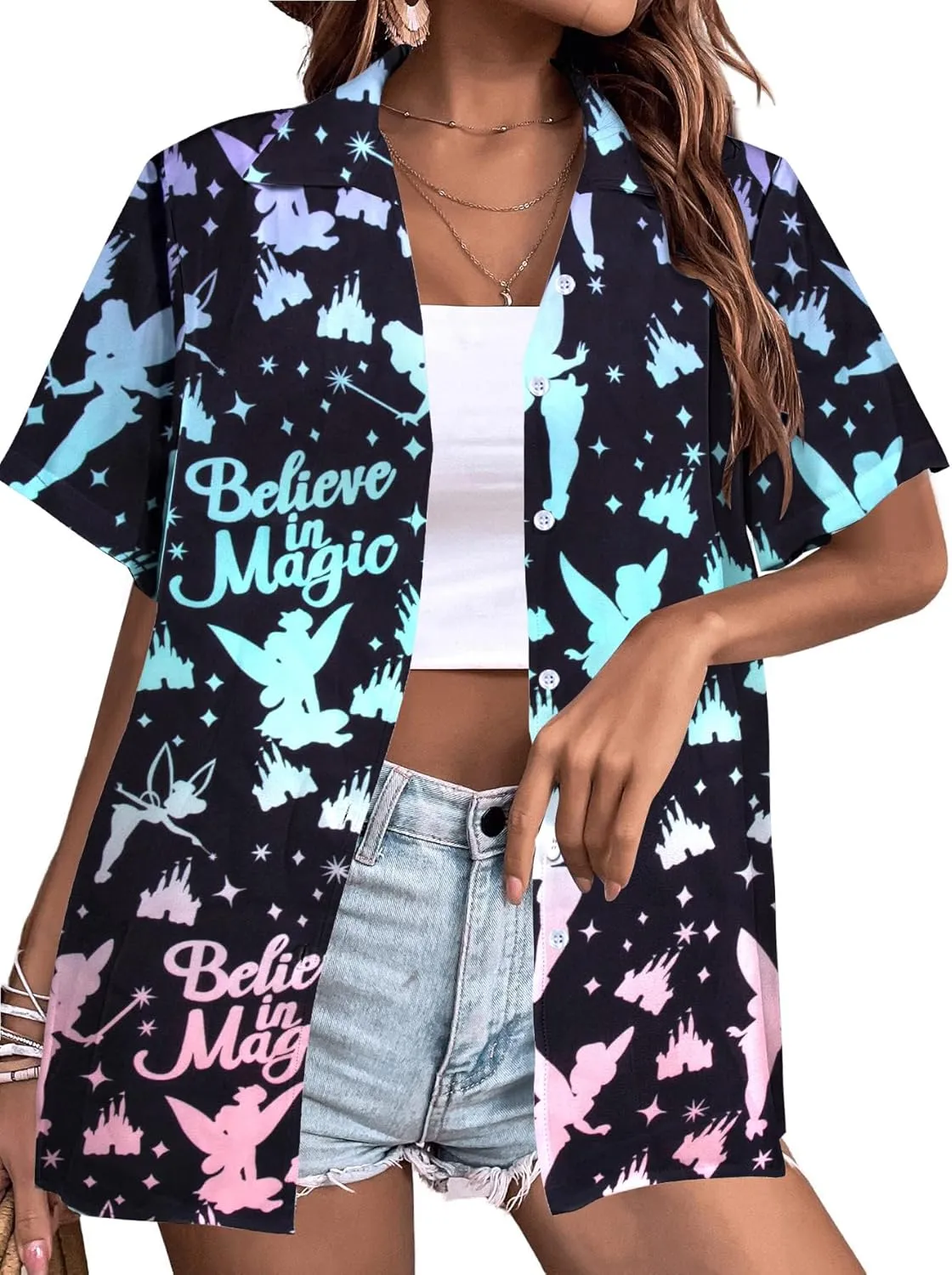 Magical Shirt Women Princess Shirts: Hawaiian Magic Kingdom Tshirt Castle Tee Family Holiday Vacation Button Up Tops
