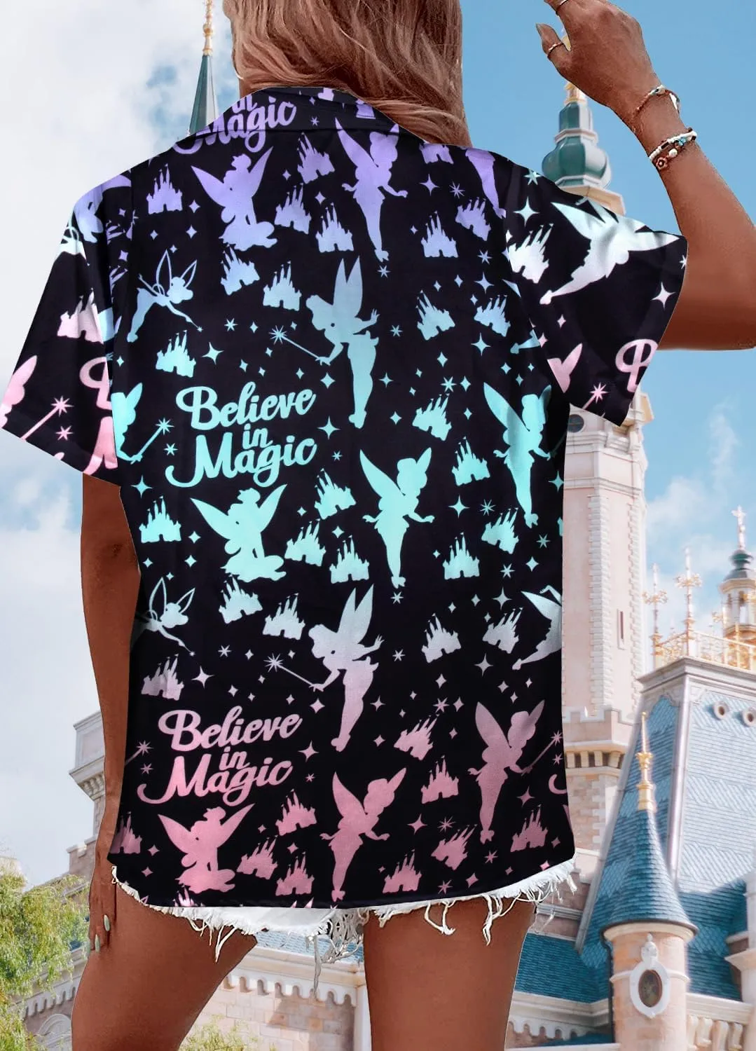Magical Shirt Women Princess Shirts: Hawaiian Magic Kingdom Tshirt Castle Tee Family Holiday Vacation Button Up Tops