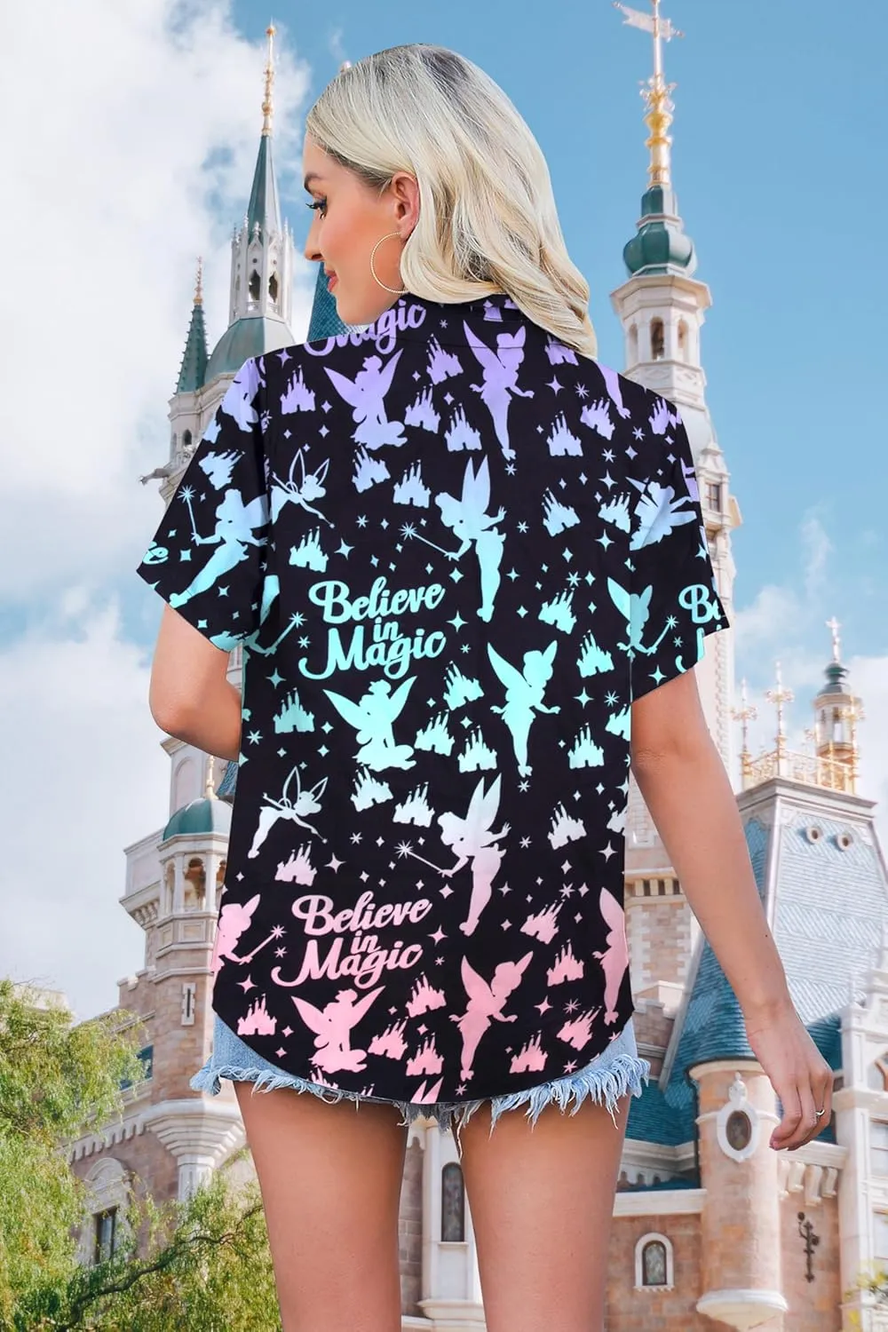 Magical Shirt Women Princess Shirts: Hawaiian Magic Kingdom Tshirt Castle Tee Family Holiday Vacation Button Up Tops