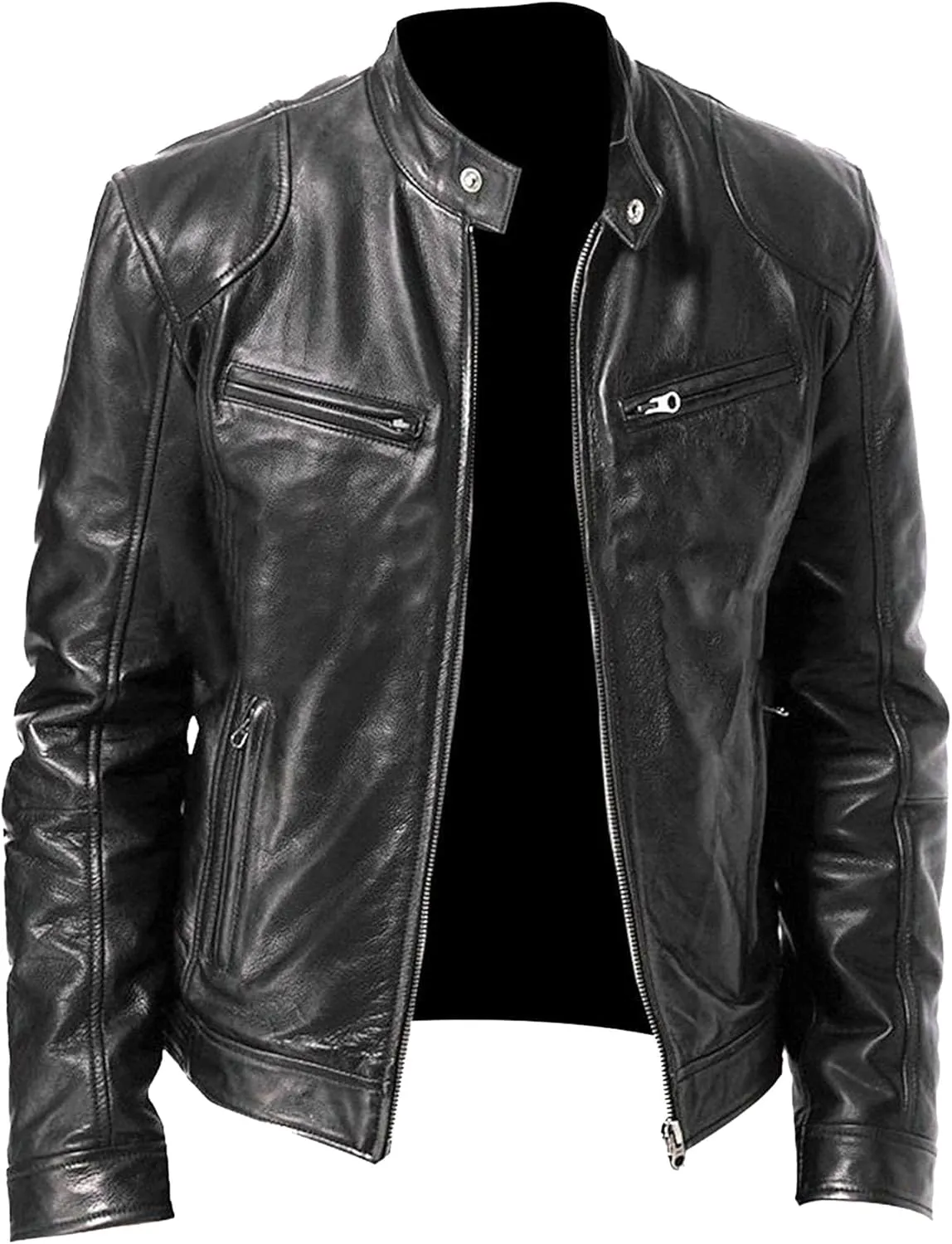 Maiyifu-GJ Men's Leather Jackets Stand Collar Slim Fit Faux Leather Jacket Casual Lightweight Motorcycle Biker Coat Outerwear