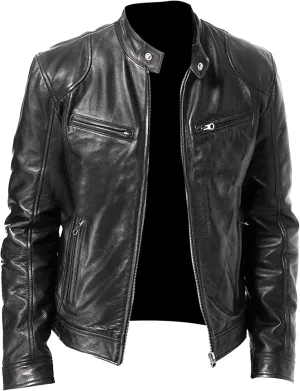 Maiyifu-GJ Men's Leather Jackets Stand Collar Slim Fit Faux Leather Jacket Casual Lightweight Motorcycle Biker Coat Outerwear