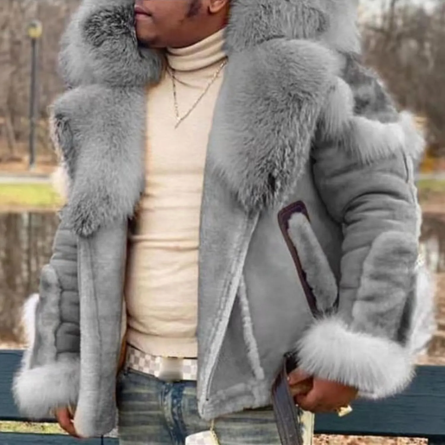 Maiyifu-GJ Men's Winter Coat Faux Leather Jacket Thicken Warm Fleece Lined Overcoat Windproof Vintage Trench Coats Outerwear