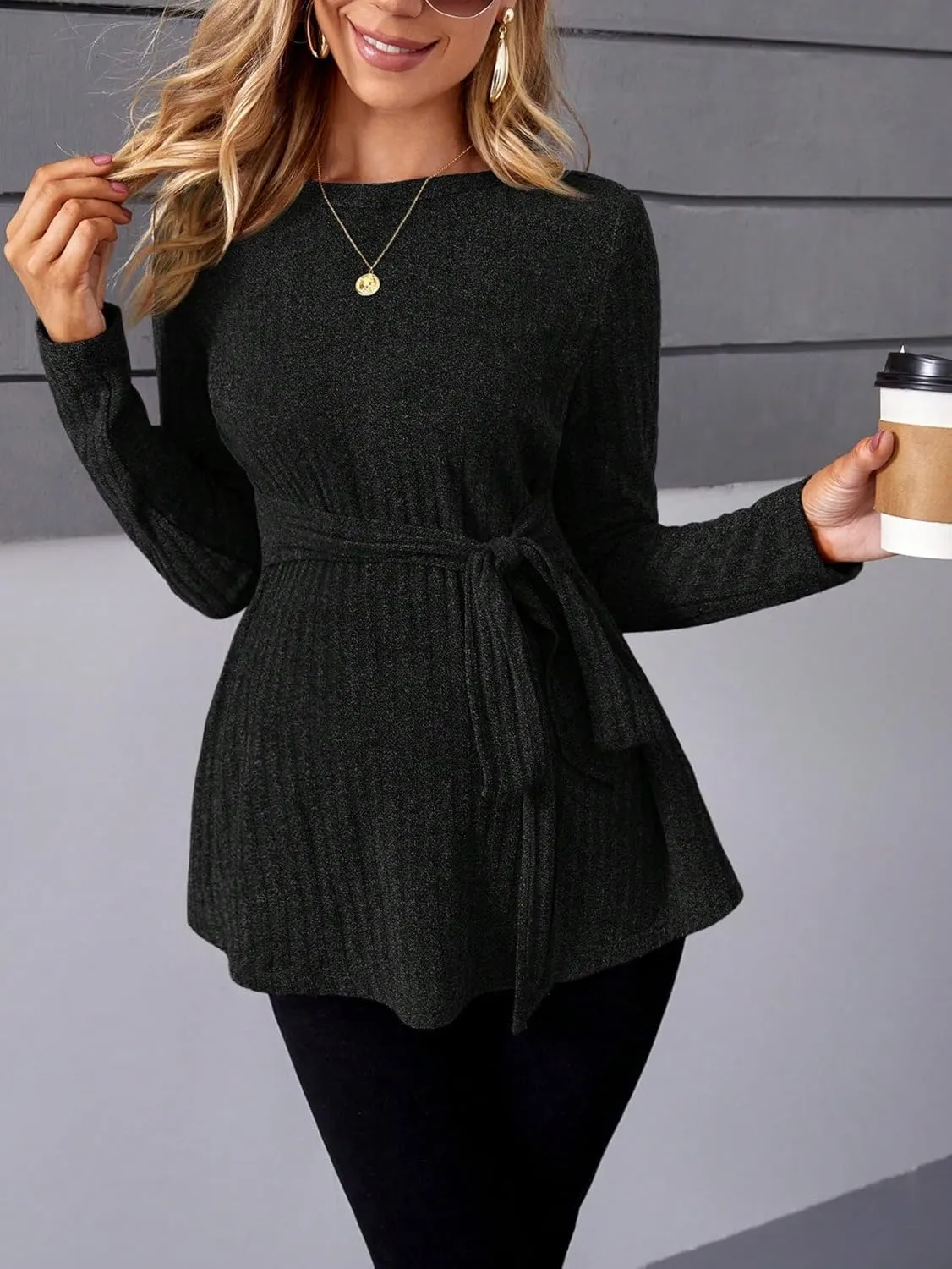 MakeMeChic Women's Maternity Shirts Casual Long Sleeve Tie Front Ribbed Knit Pregnancy Tee Top