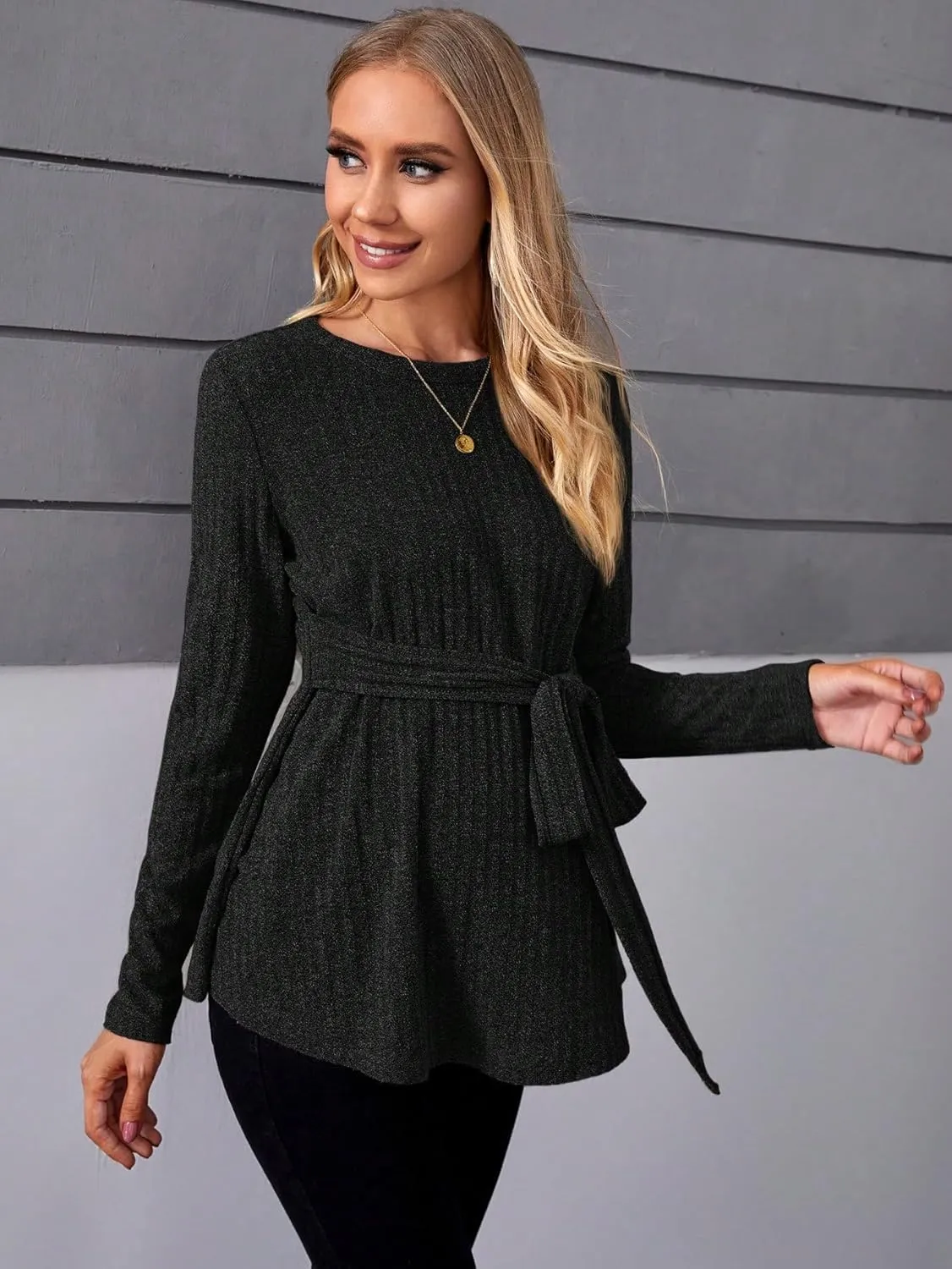 MakeMeChic Women's Maternity Shirts Casual Long Sleeve Tie Front Ribbed Knit Pregnancy Tee Top