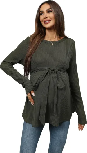 MakeMeChic Women's Maternity Shirts Casual Long Sleeve Tie Front Ribbed Knit Pregnancy Tee Top