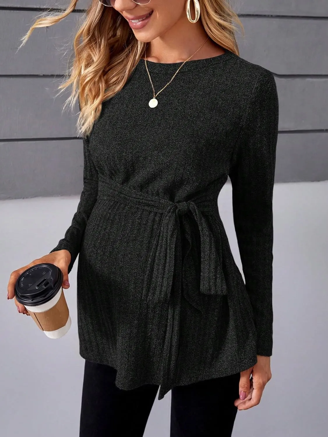 MakeMeChic Women's Maternity Shirts Casual Long Sleeve Tie Front Ribbed Knit Pregnancy Tee Top
