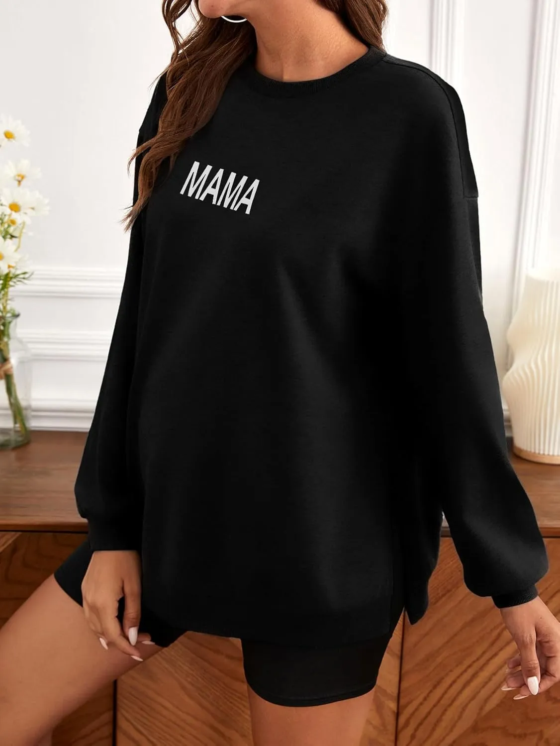 MakeMeChic Women's Maternity Sweatshirt Oversized Long Sleeve Split Side Graphic Pullover Tee Tops Pregnancy Mama Sweatshirt