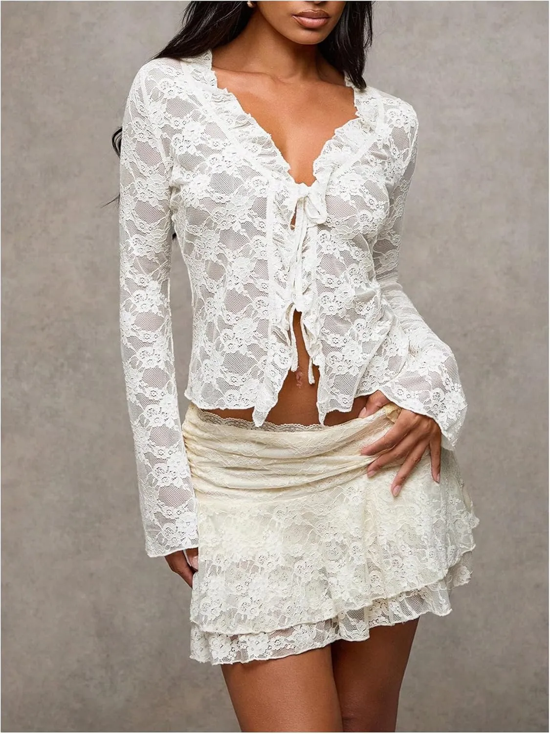 MakeMeChic Women's V Neck Mesh Sheer Floral Lace Tie Front Flare Sleeve Tee Crop Tops