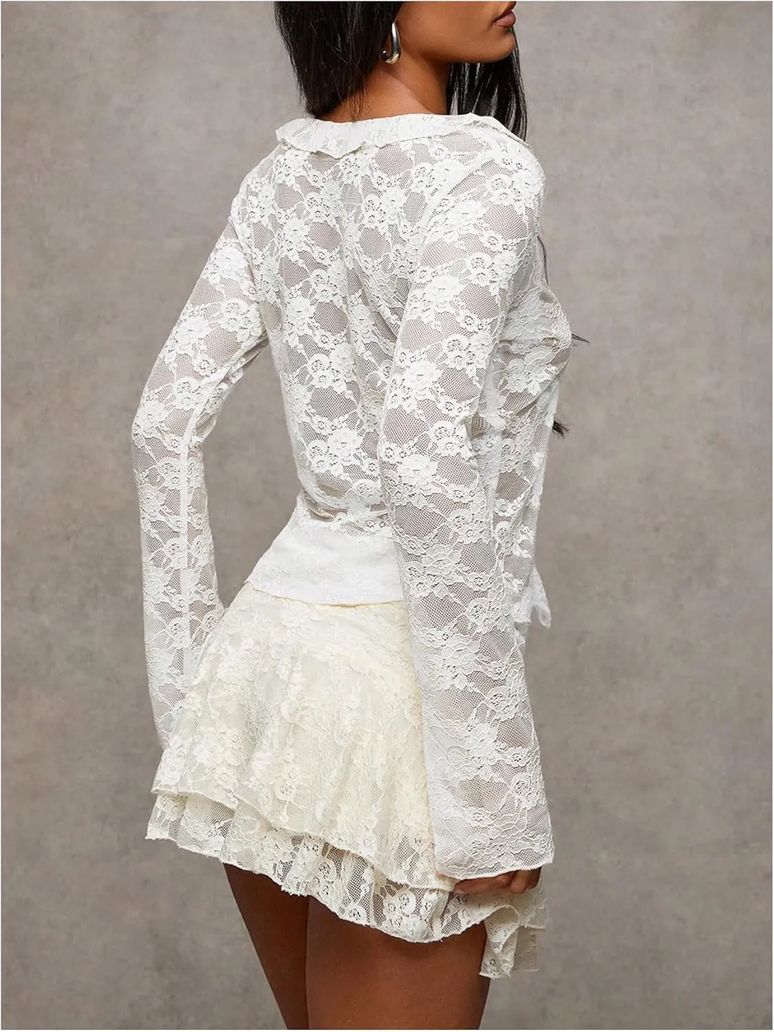 MakeMeChic Women's V Neck Mesh Sheer Floral Lace Tie Front Flare Sleeve Tee Crop Tops
