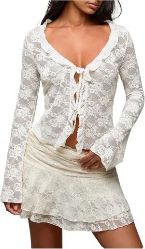 MakeMeChic Women's V Neck Mesh Sheer Floral Lace Tie Front Flare Sleeve Tee Crop Tops