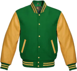 Man's Varsity Letterman Wool & Gold Tewelve Colour Genuine Leather Sleeves Bomber Style Baseball Jacket