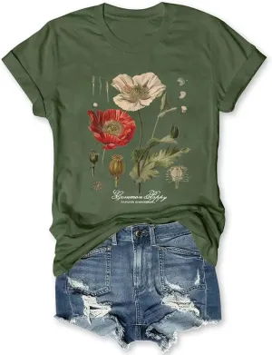 Memorial Day Vintage Poppy T-Shirt for Women Poppy Flower Language Crew Neck Short Sleeve Summer Tee