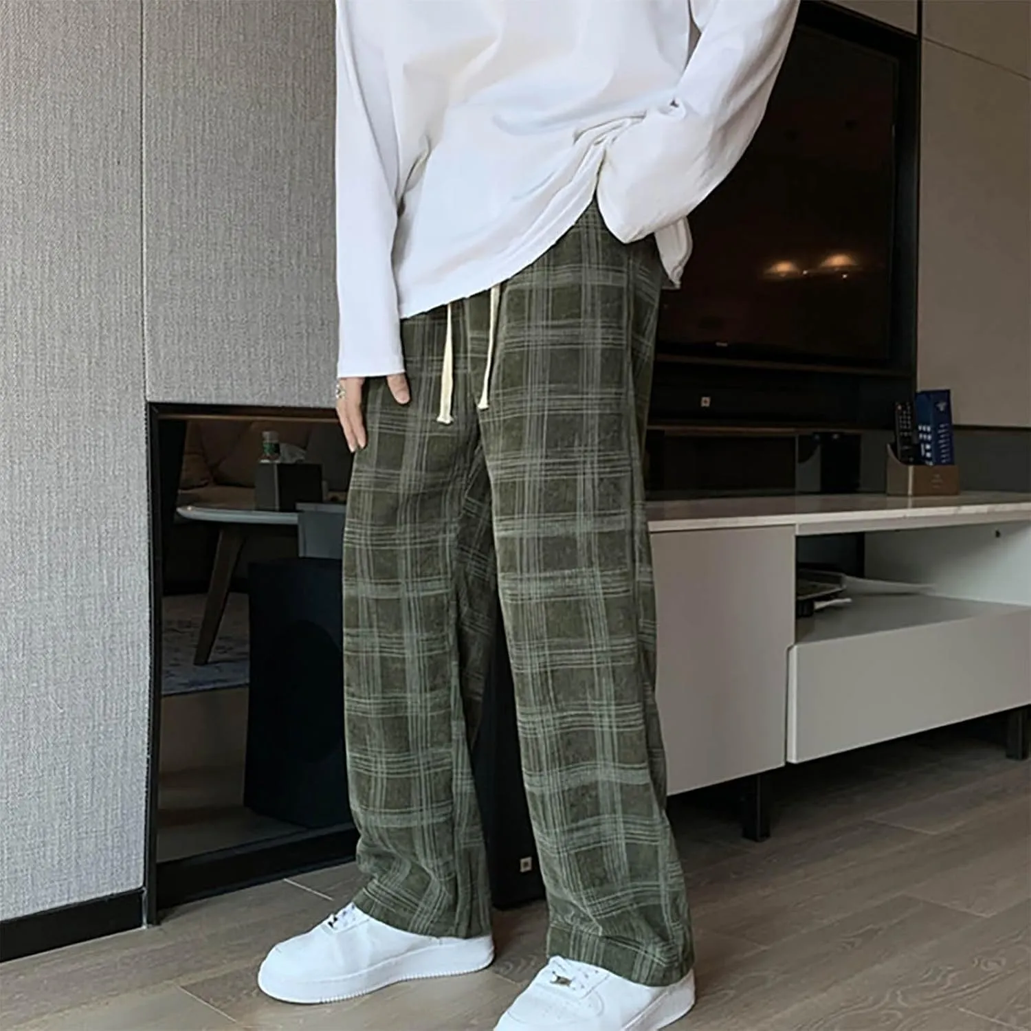 Men's Corduroy Plaid Pants Baggy Sweatpants Loose Straight Wide Leg Athletic Running Pants with Pockets