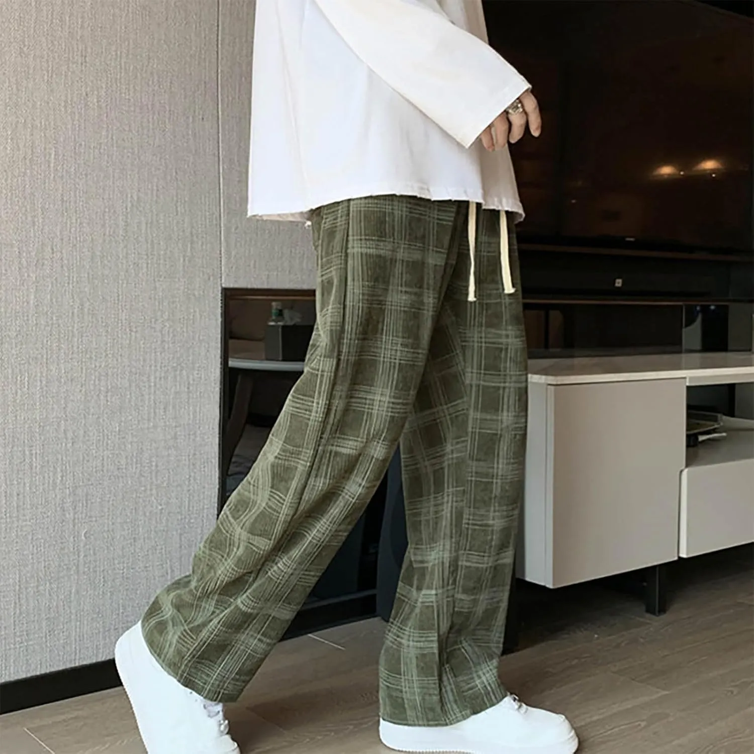 Men's Corduroy Plaid Pants Baggy Sweatpants Loose Straight Wide Leg Athletic Running Pants with Pockets
