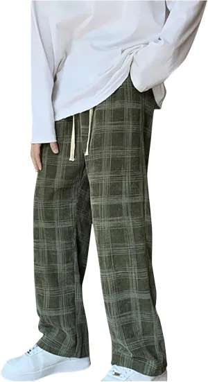 Men's Corduroy Plaid Pants Baggy Sweatpants Loose Straight Wide Leg Athletic Running Pants with Pockets